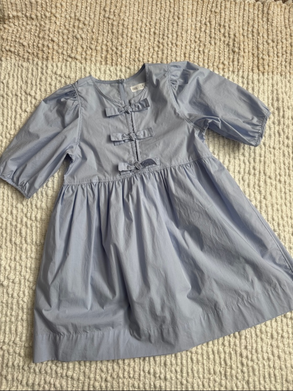 Zara Pale Blue Bow-Front Cotton Dress for Girls